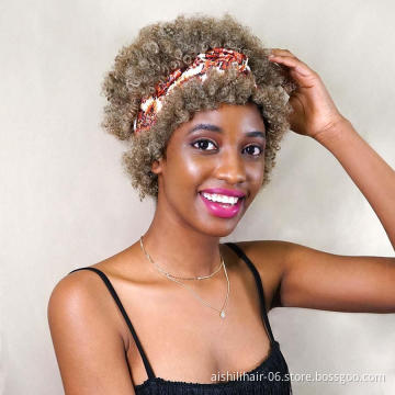 Short Headband Wig Afro Wave  Synthetic Wigs with Brown Mix White Hair for women